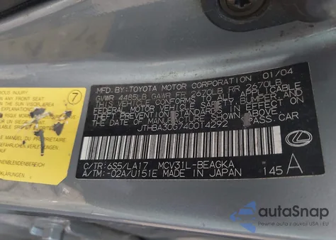 2004 Lexus Es 330 Base (A5) из США, поврежденный, VIN JTHBA30G740014292